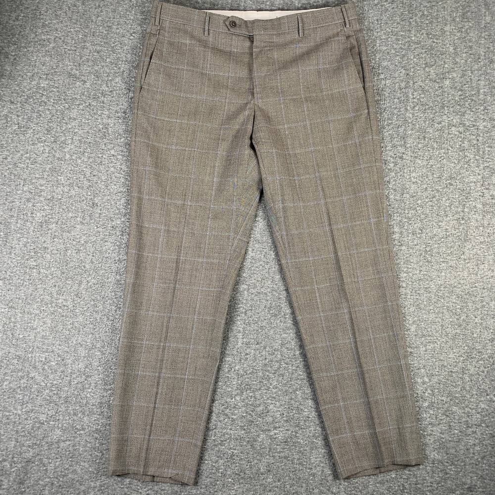 Zanella Wool Pants Men 36x30 Parker Trousers Brown Windowpane Made in Italy